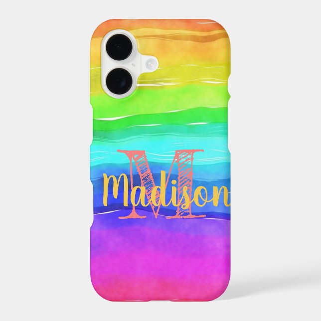 Rainbow Pride Stripes Watercolor Fun Initial Name Iphone Case (Back)