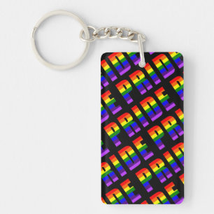 Rainbow Pride Text Art on Custom Black Color Keychain