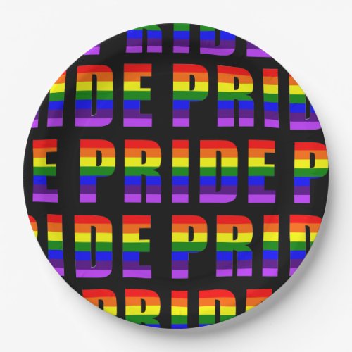 Rainbow Pride Text Art on Custom Black Color Paper Plates