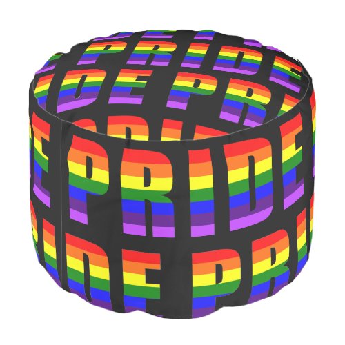 Rainbow Pride Text Art on Custom Black Color Pouf