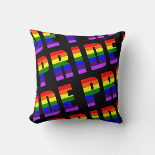 Rainbow Pride Text Art on Custom Black Color Throw Pillow