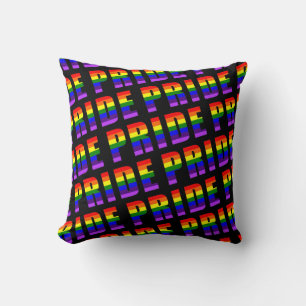 Rainbow Pride Text Art on Custom Black Color Throw Pillow