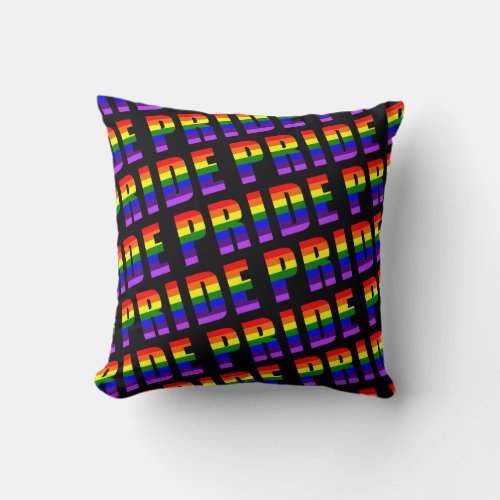 Rainbow Pride Text Art on Custom Black Color Throw Pillow