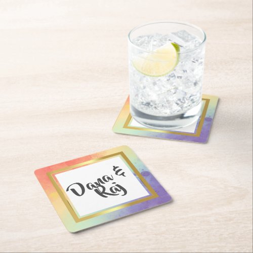 Rainbow Pride with Gold Frame Wedding  Square Paper Coaster