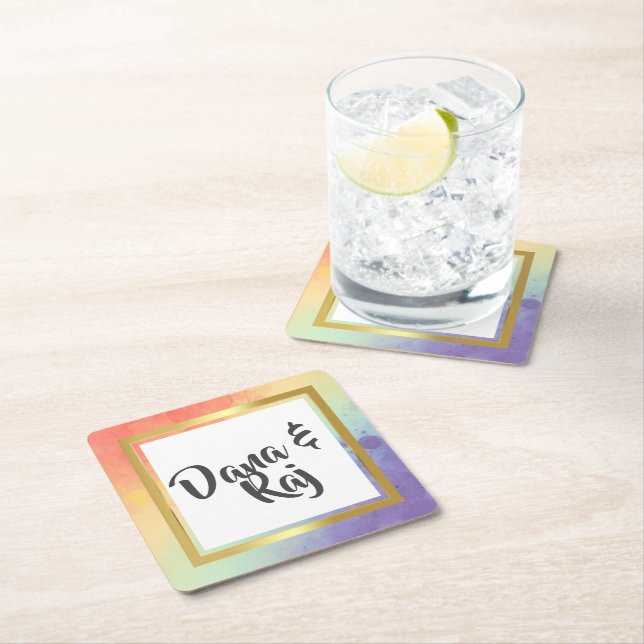 Rainbow Pride with Gold Frame Wedding  Square Paper Coaster (Insitu)
