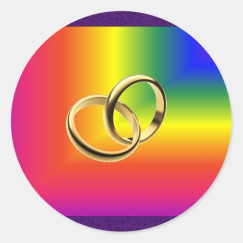 Rainbow Pride with Gold Wedding Bands Classic Round Sticker