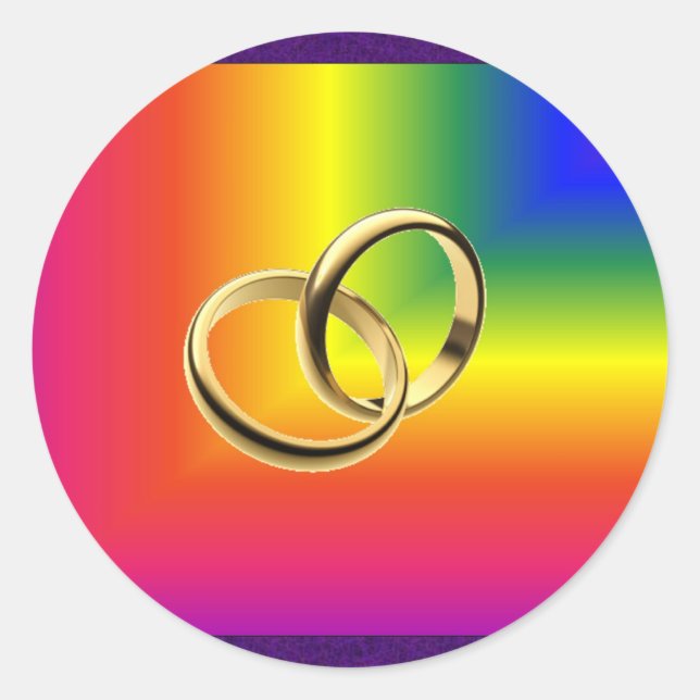 Rainbow Pride with Gold Wedding Bands Classic Round Sticker (Front)