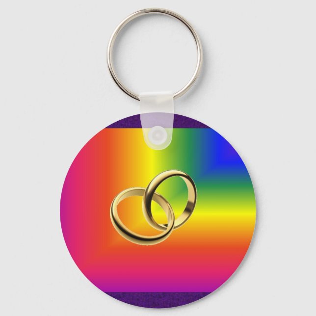 Rainbow Pride with Gold Wedding Bands Keychain (Front)