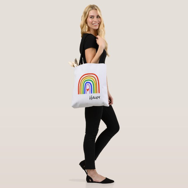 Rainbow Primary Colors Black White Custom Name Tote Bag (On Model)