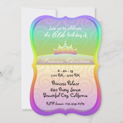 Rainbow Princess Crown Spirals Birthday Invitation