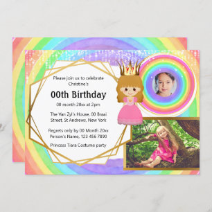 Rainbow princess tiara 3 photo girls birthday invitation