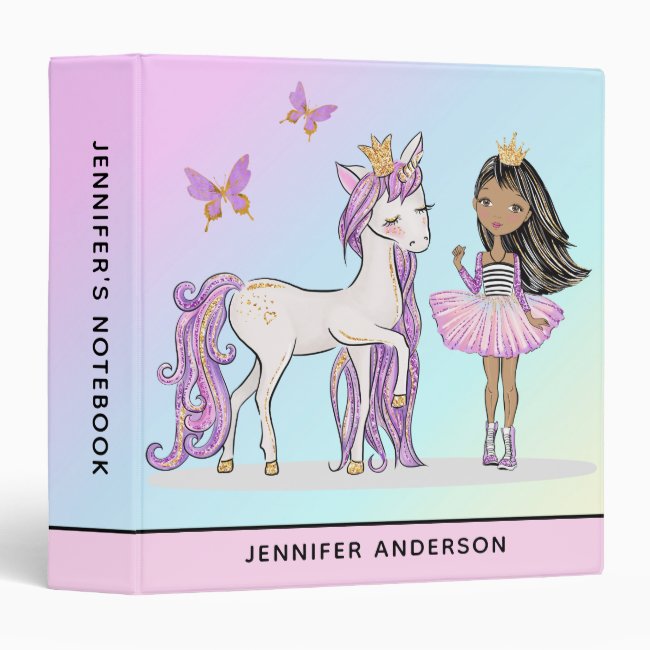 Rainbow Princess Unicorn School 3 Ring Binder
