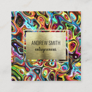 Rainbow Psychedelic Neon Abstract Wavy Art Square Business Card