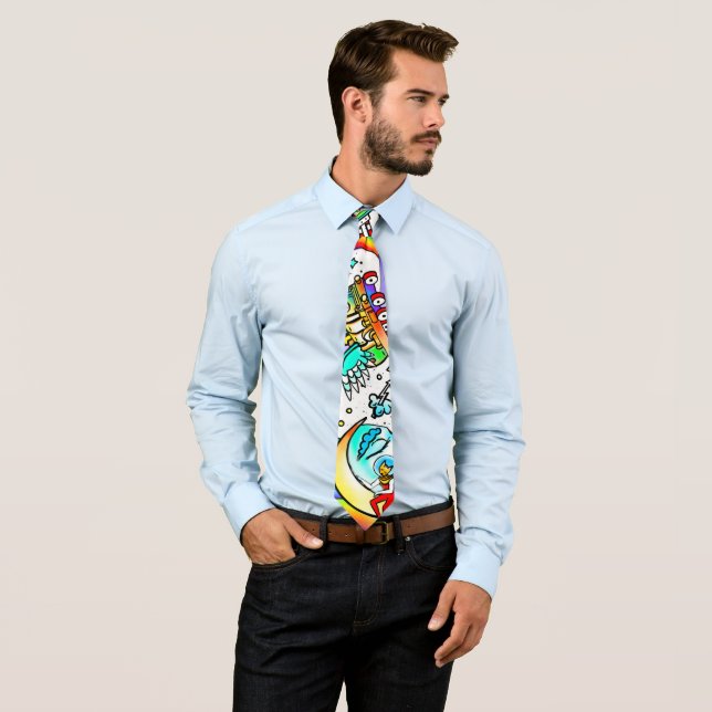 Rainbow Psychedelic Train Vibrant Colorful Pattern Neck Tie (In Situ)
