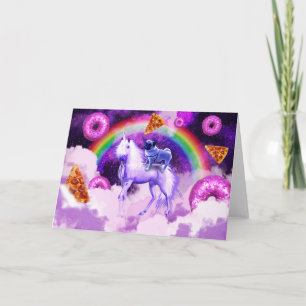Rainbow pug in space riding a unicorn              card