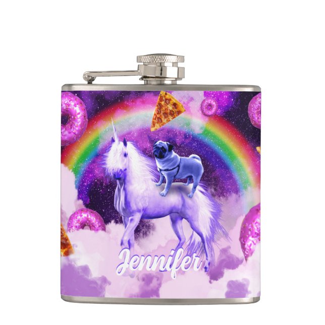 Rainbow pug in space riding a unicorn              flask (Front)
