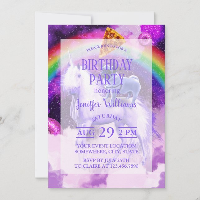 Rainbow pug in space riding a unicorn              invitation (Front)