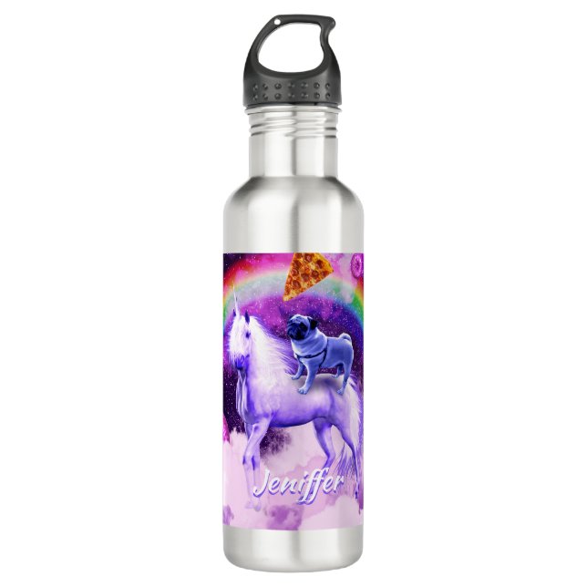 Rainbow pug in space riding a unicorn              stainless steel water bottle (Front)