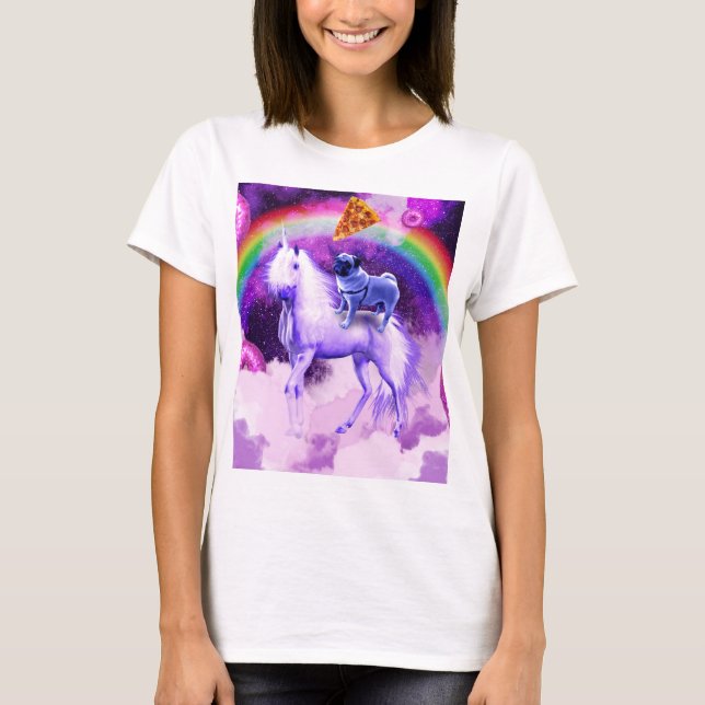Rainbow pug in space riding a unicorn              T-Shirt (Front)