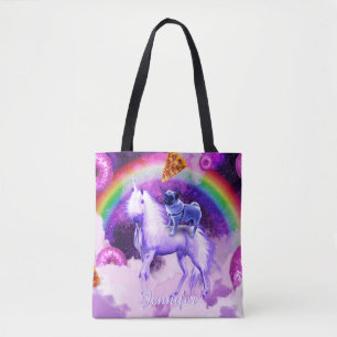 Rainbow pug in space riding a unicorn              tote bag