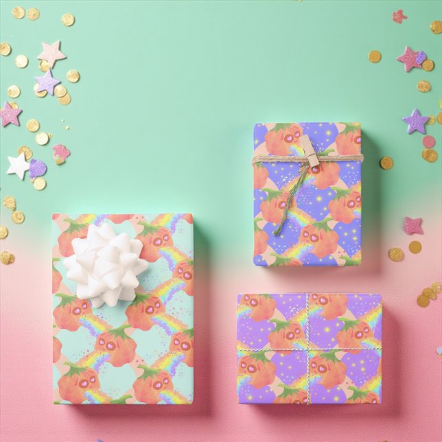 Rainbow Puking Pumpkin Halloween  Wrapping Paper Sheets (Whimsical rainbow-spewing pumpkin gift wrap in pastel and purple for quirky celebrations.)