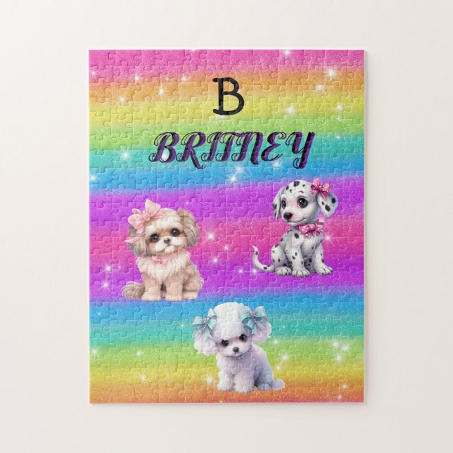 Rainbow puppies for girls with personalized name jigsaw puzzle (Vertical)