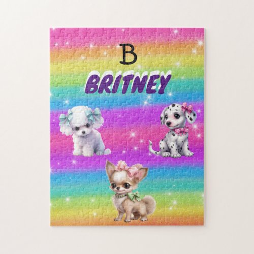 Rainbow puppies for girls with personalized name jigsaw puzzle