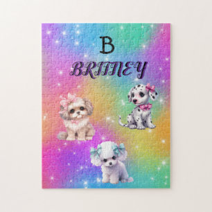 Rainbow puppies for girls with personalized name jigsaw puzzle