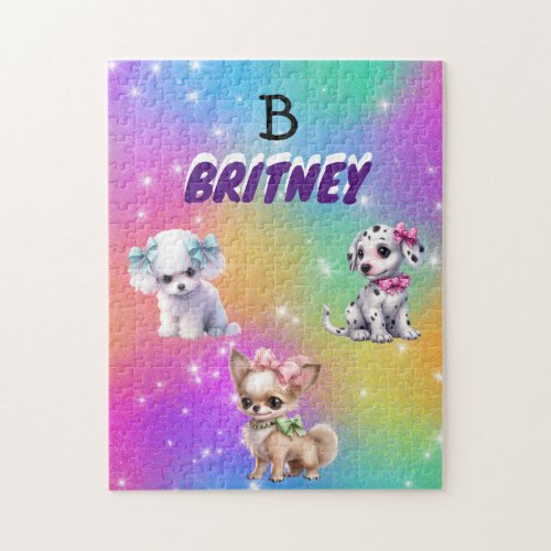 Rainbow puppies for girls with personalized name jigsaw puzzle