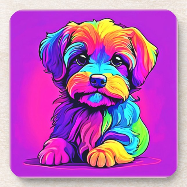 Rainbow Puppy Artwork Beverage Coaster (Front)