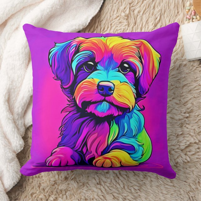 Rainbow Puppy Artwork Throw Pillow (Blanket)