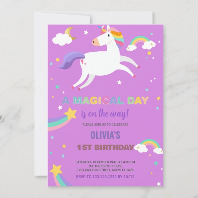 Rainbow Purple Fly Unicorn Birthday Invitations (Front)