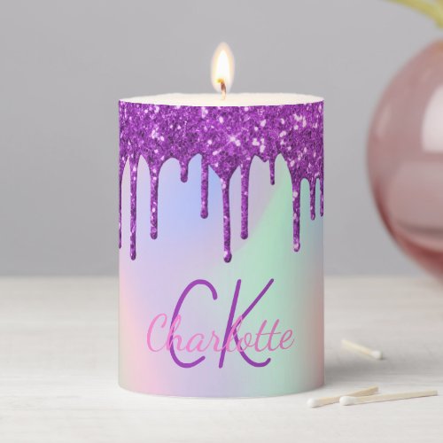 Rainbow purple glitter drips holographic monogram pillar candle