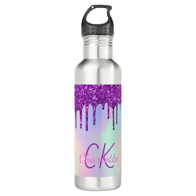 Rainbow purple glitter drips holographic monogram stainless steel water bottle (Front)
