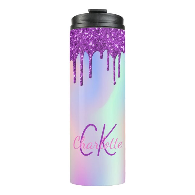 Rainbow purple glitter drips holographic monogram  thermal tumbler (Front)