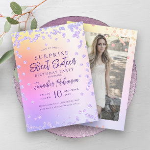 Rainbow Purple Glitter Photo SURPRISE Sweet 16 Invitation