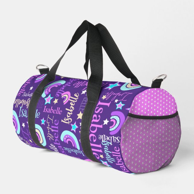 Rainbow purple pink yellow stars name Isabelle Duffle Bag (Right Corner)