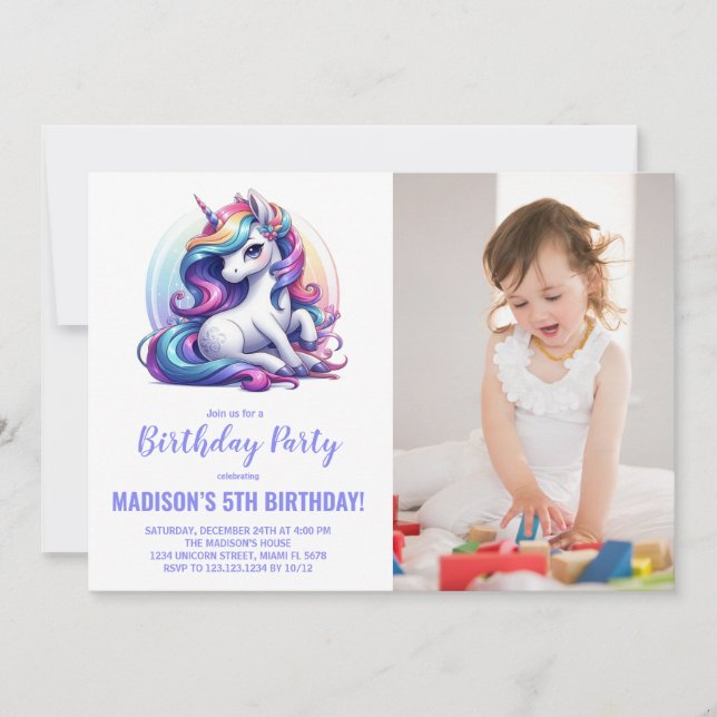 Rainbow Purple Unicorn Birthday Invitations photo (Front)
