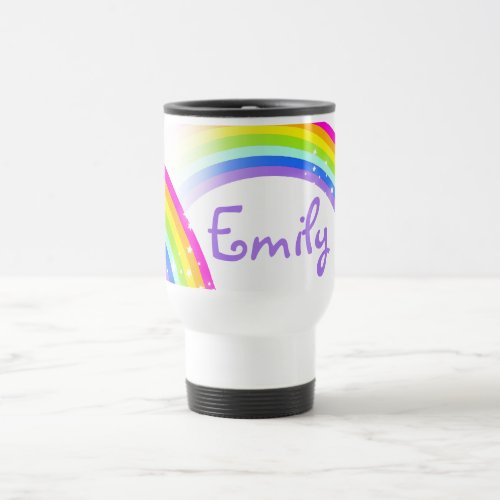 Rainbow purple violet stars and custom name travel mug