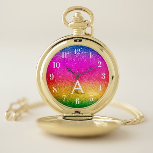 Rainbow Purple Yellow Glitter Green Sparkle  Pocket Watch