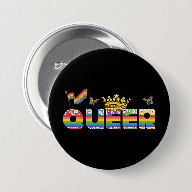 Rainbow Queer Crown with Flag and Butterflies Button (Front & Back)