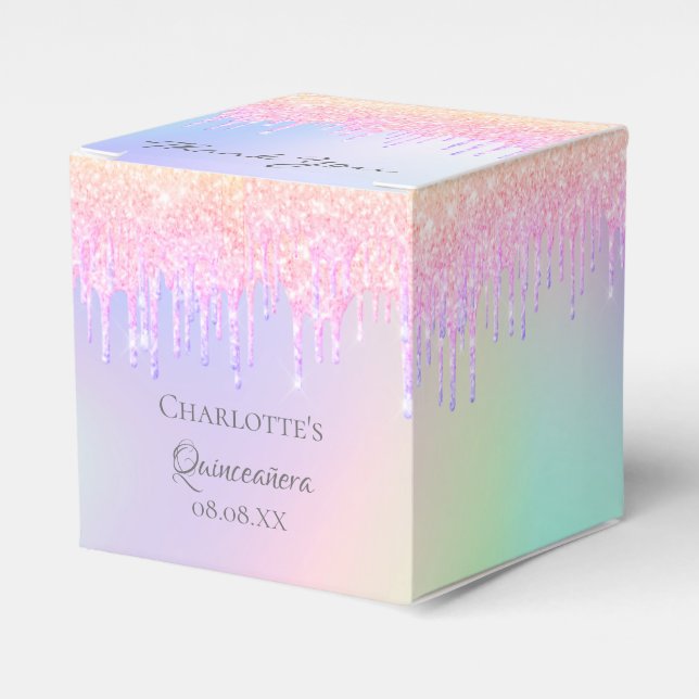 Rainbow Quinceanera glitter rose gold thank you Favor Boxes (Front Side)