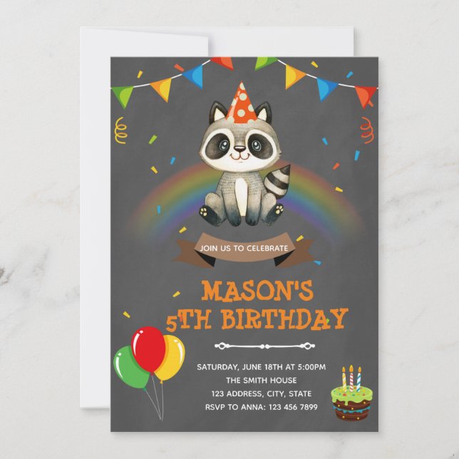 Rainbow raccoon birthday theme invitation (Front)