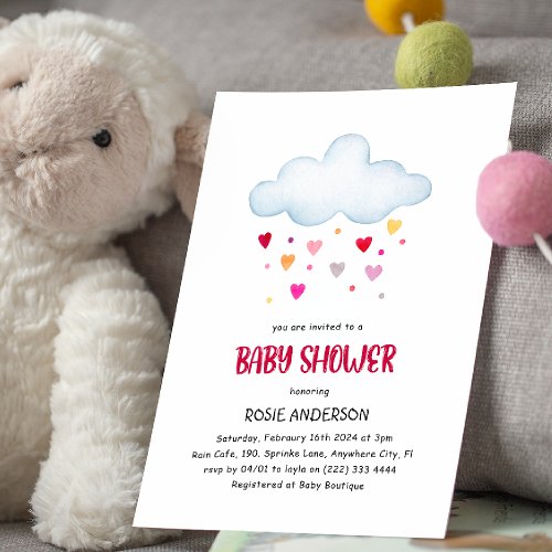 Rainbow Rain Clouds  Hearts Baby Shower Invitation