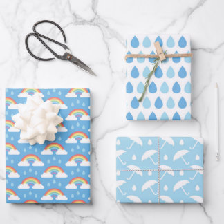 Rainbow Rain Clouds, Rain Drops, and Umbrellas Wrapping Paper Sheets