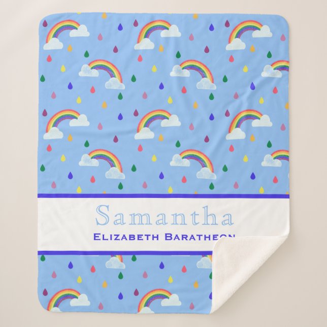 Rainbow Rain Drop Blue Sky Personalized Name Sherpa Blanket (Front)