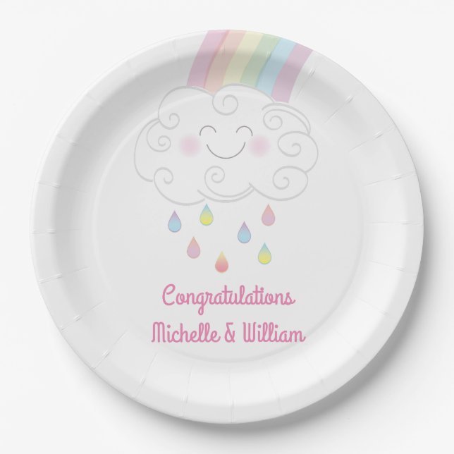 Rainbow Raindrop Baby Shower Sprinkle Paper Plates (Front)