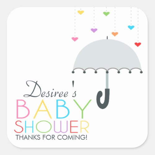 Rainbow Raindrops Gray Umbrella Baby Shower Square Sticker