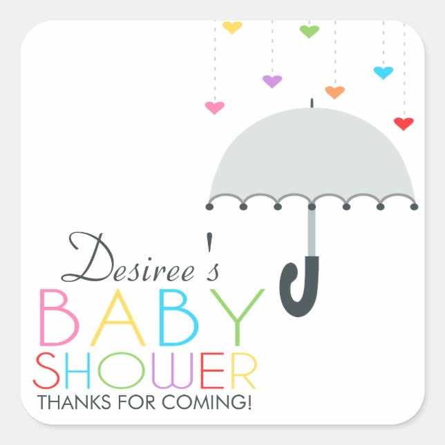 Rainbow Raindrops Gray Umbrella Baby Shower Square Sticker (Front)