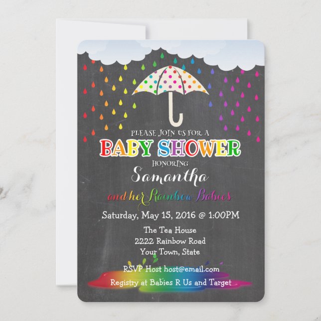 Rainbow Raindrops Twin Baby Shower Invitation (Front)
